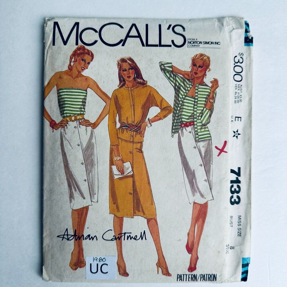 Vintage 80s Mccalls 7133 Adrian Cartmell Designer Wardrobe Pattern Sz 8 UNCUT.